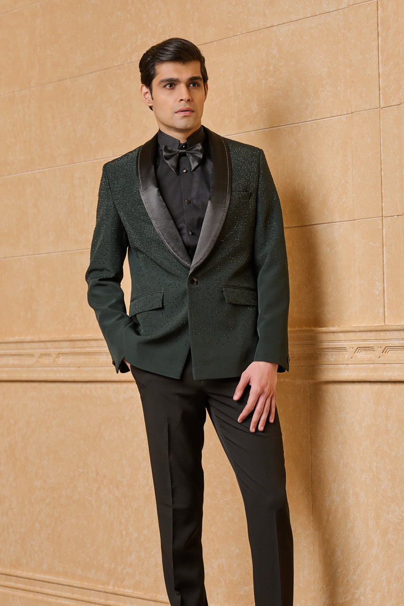 Dark Green Ombre Embroidered Dinner Jacket Set