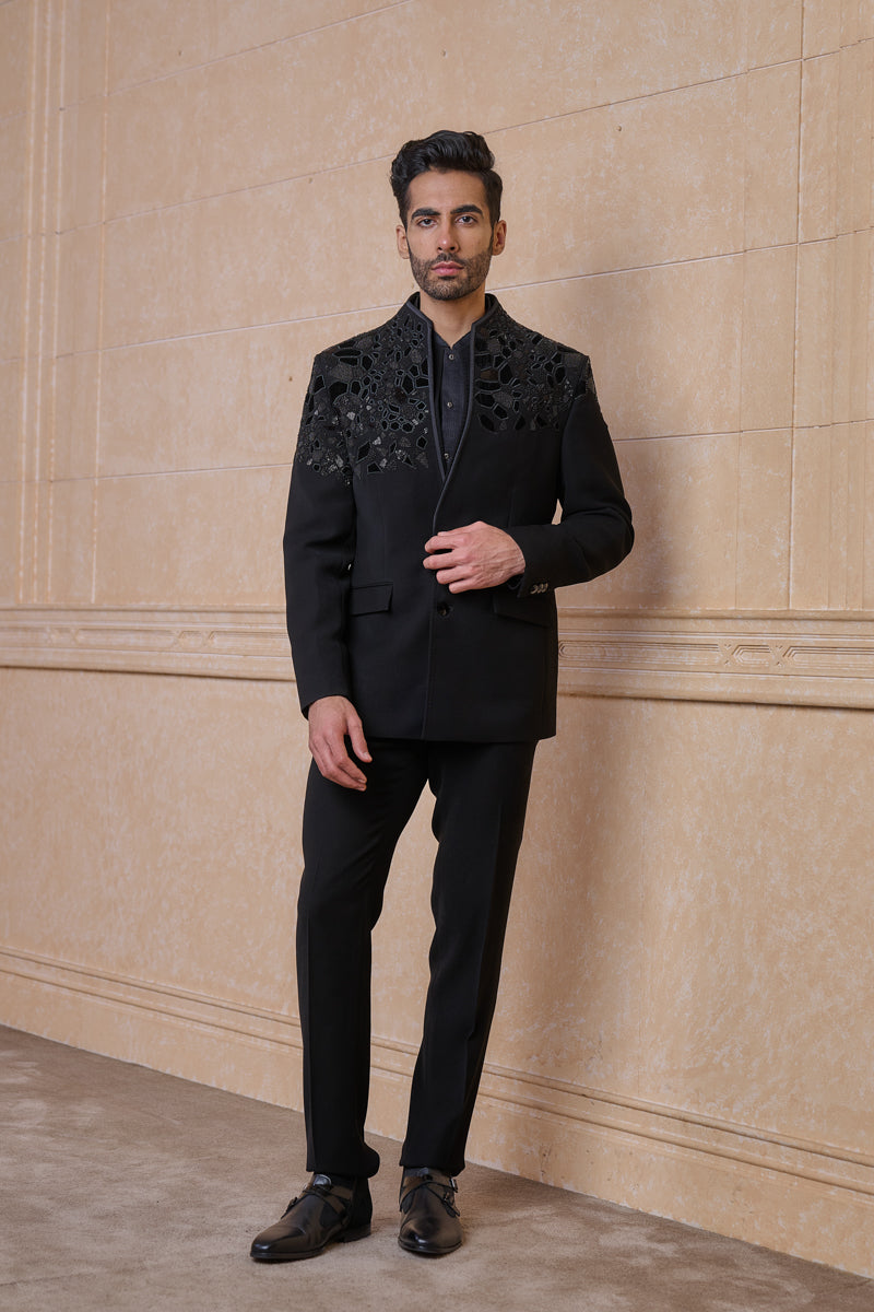 Black Dinner Jacket With Placement Applique Embroidery