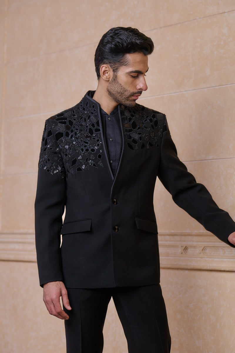 Black Dinner Jacket With Placement Applique Embroidery