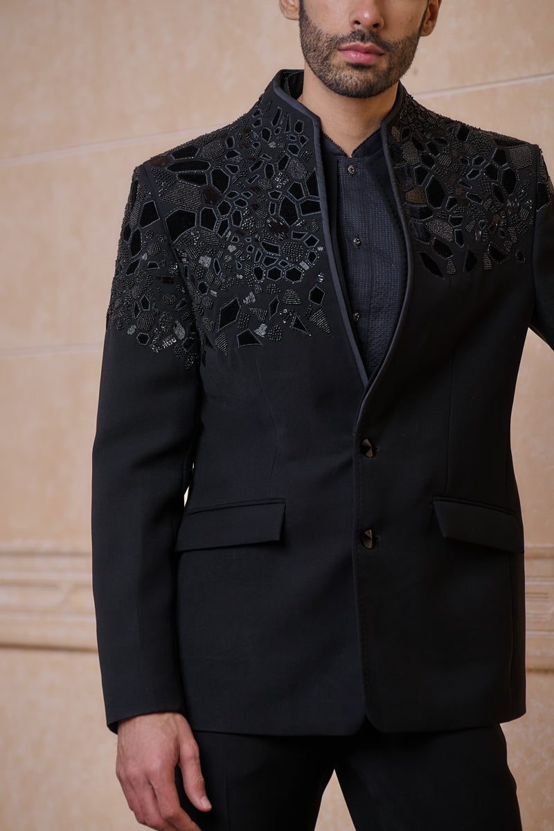 Black Dinner Jacket With Placement Applique Embroidery