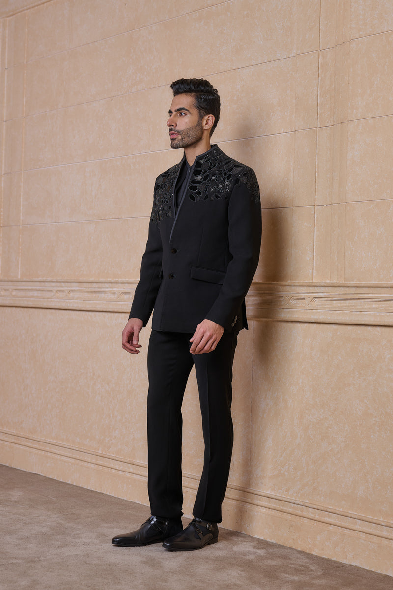 Black Dinner Jacket With Placement Applique Embroidery