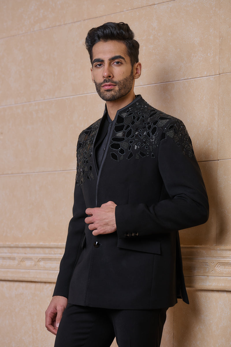 Black Dinner Jacket With Placement Applique Embroidery