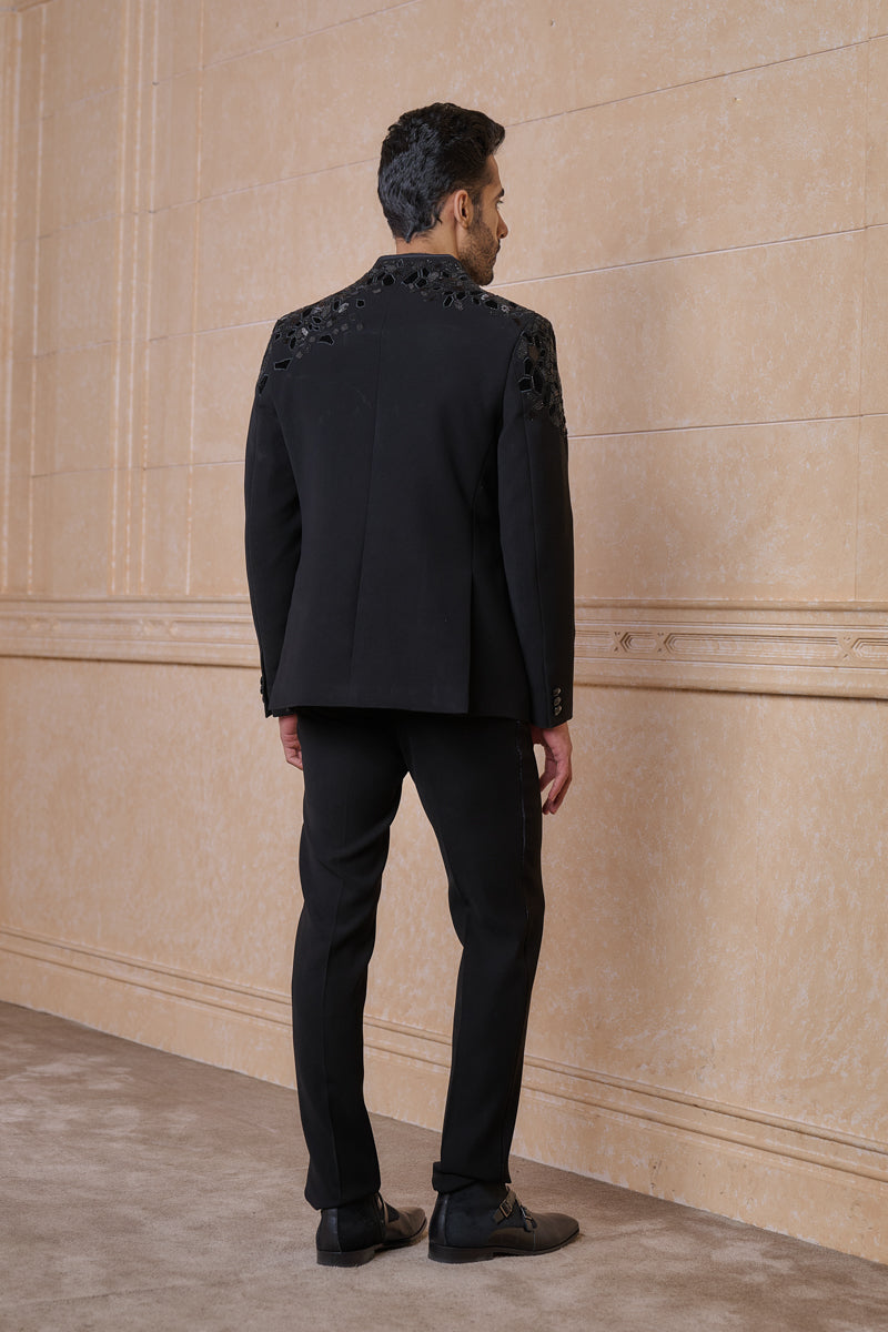 Black Dinner Jacket With Placement Applique Embroidery