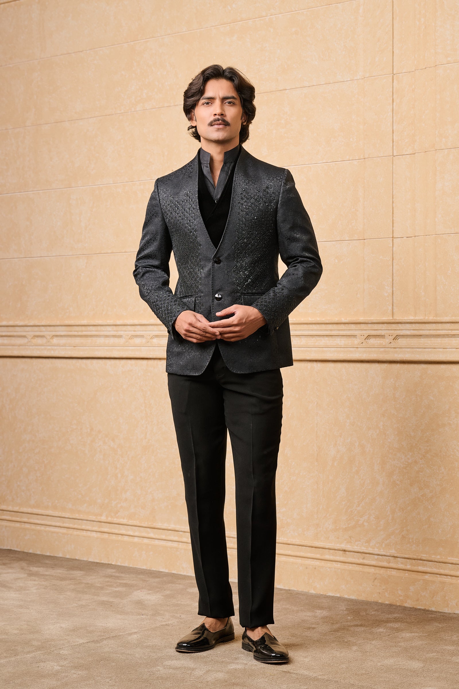 Black Jacquard Dinner Jacket With Embroidery Highlights