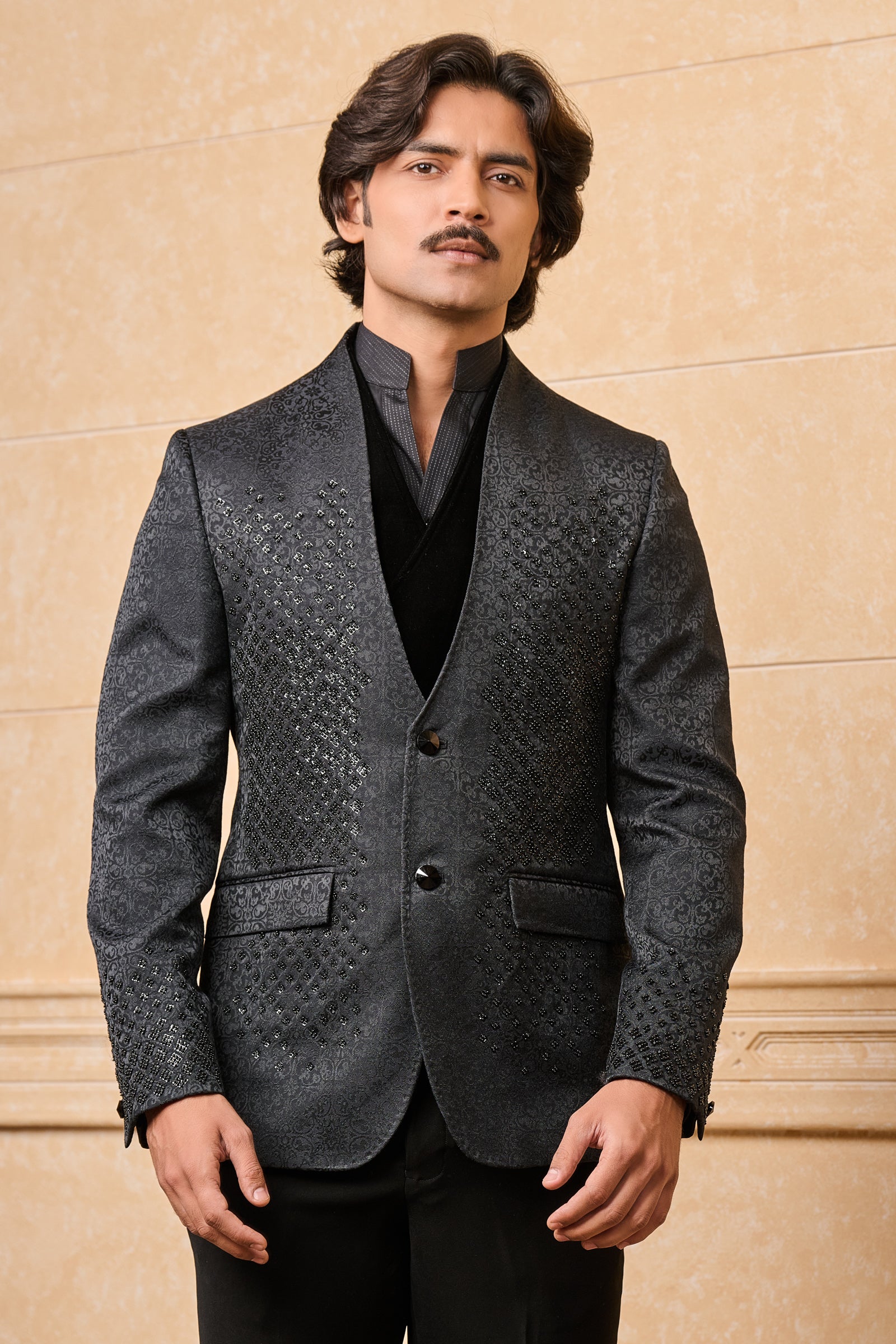 Black Jacquard Dinner Jacket With Embroidery Highlights