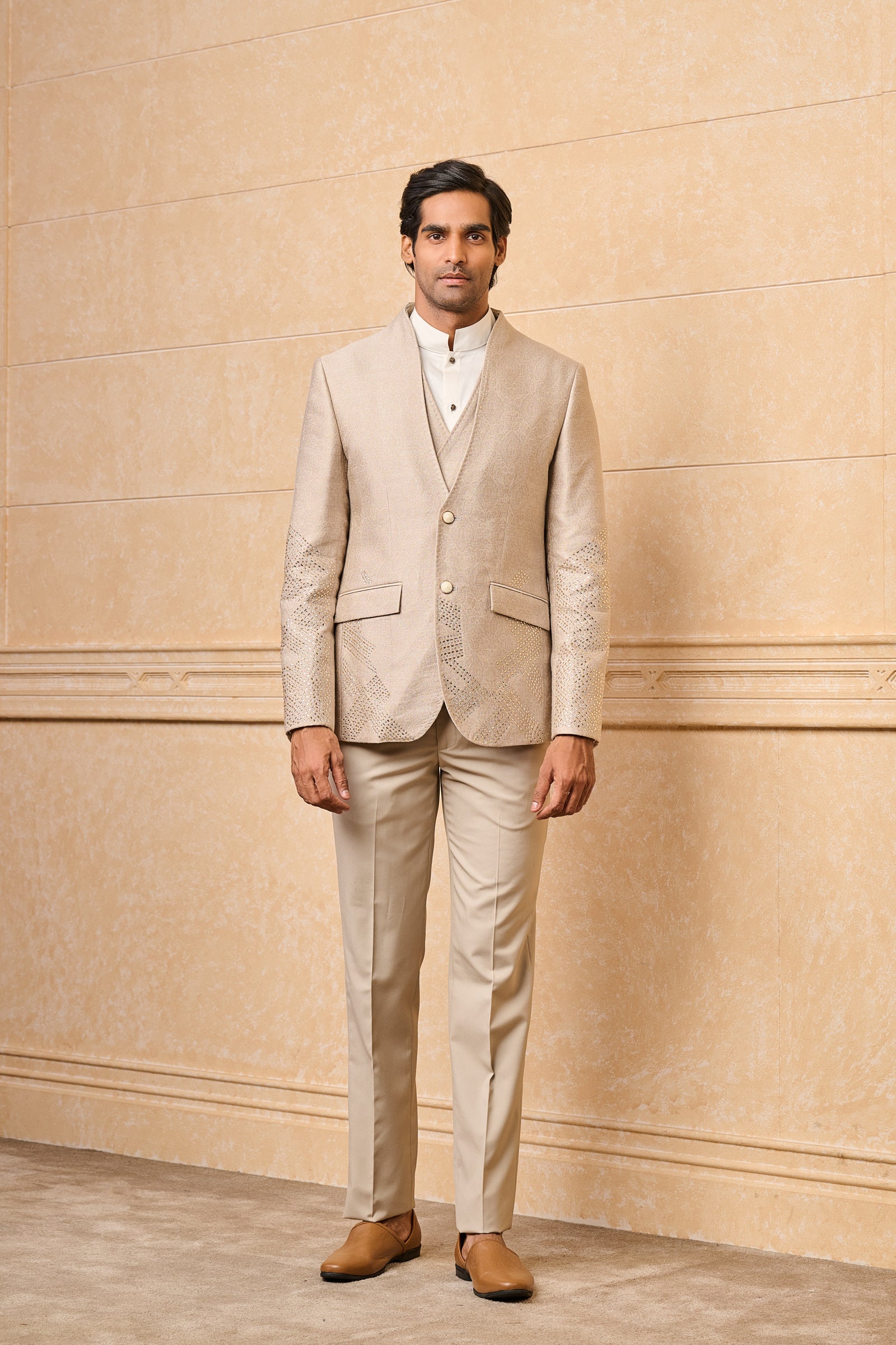 Beige Jacquard Dinner Jacket With Placement Embroidery