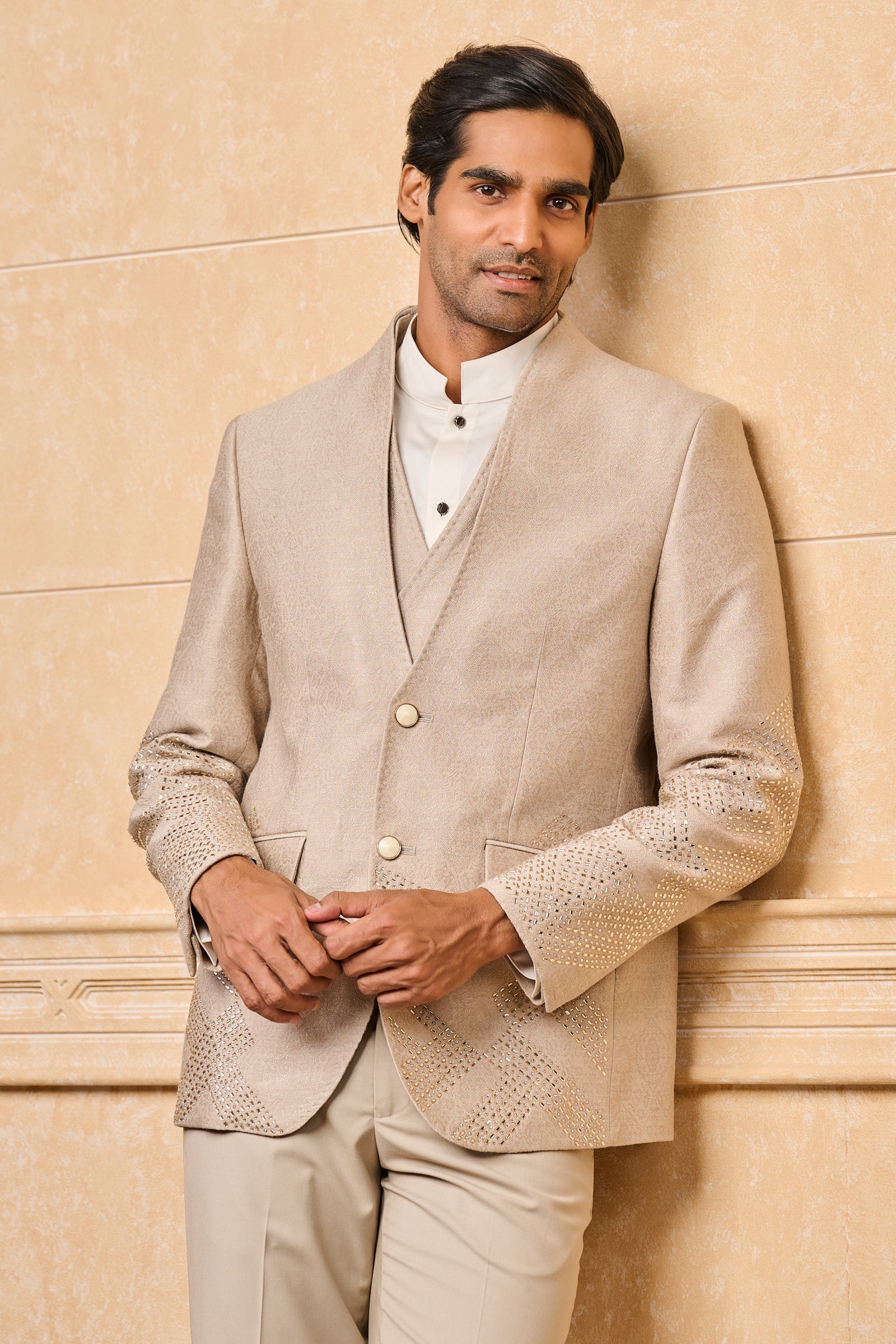 Beige Jacquard Dinner Jacket With Placement Embroidery