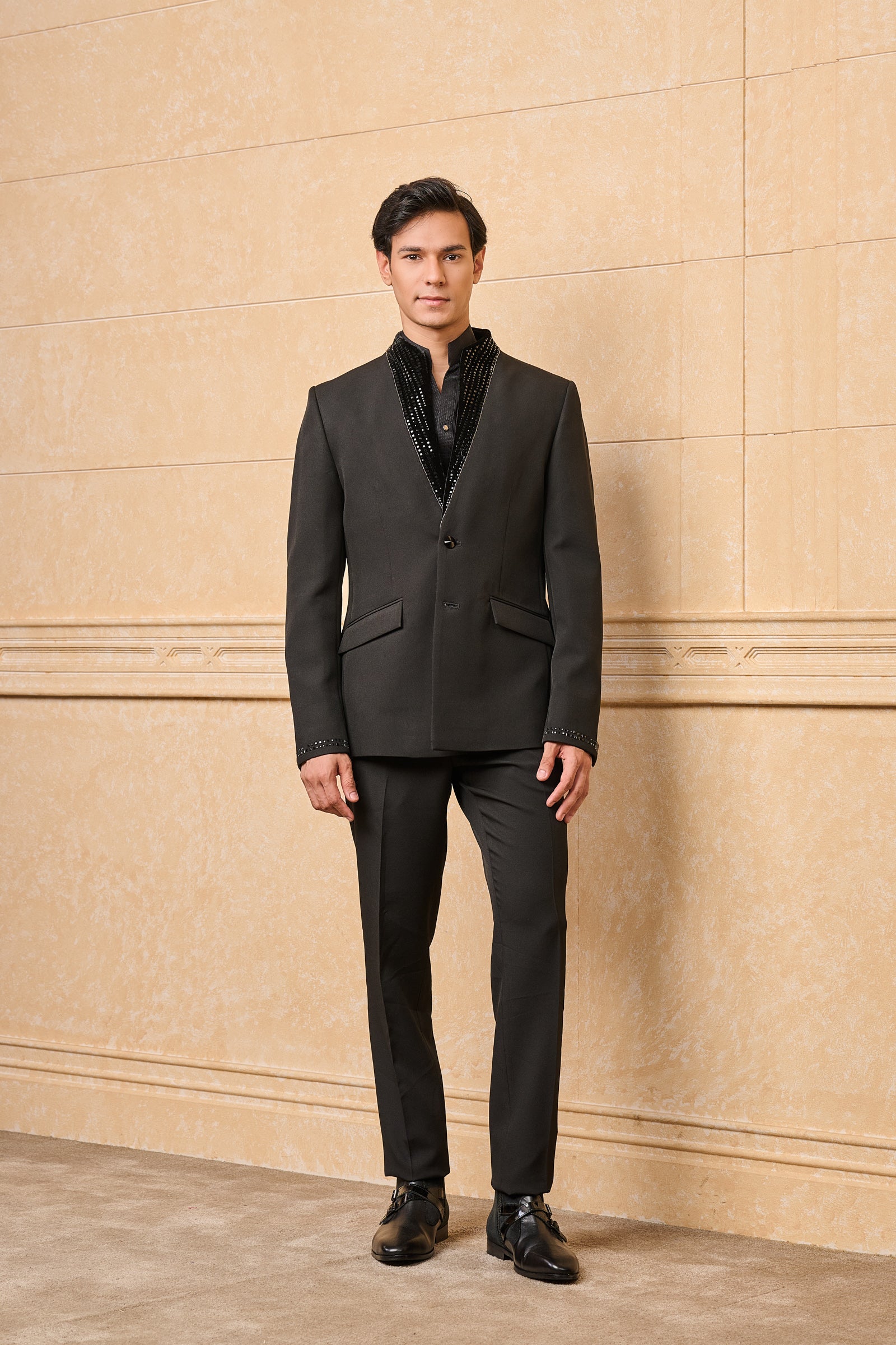 Black Crepe Dinner Jacket With Embroidered Collar