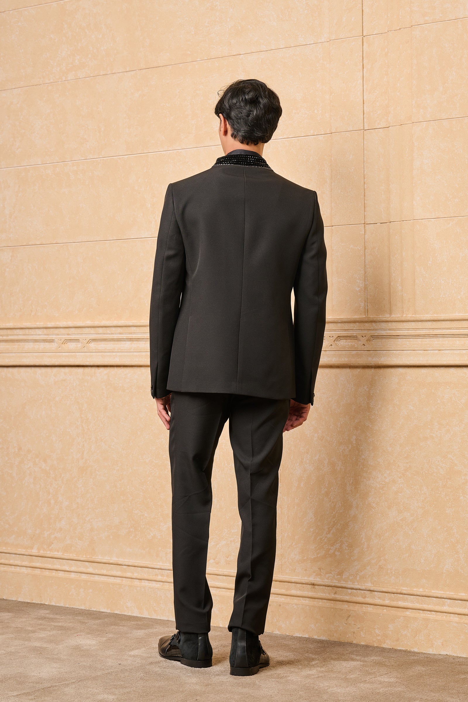 Black Crepe Dinner Jacket With Embroidered Collar