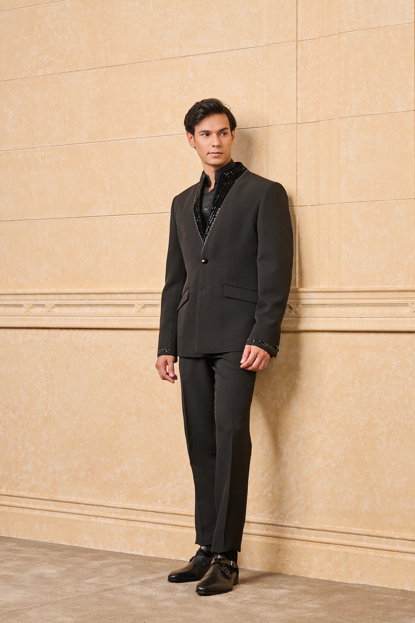 Black Crepe Dinner Jacket With Embroidered Collar