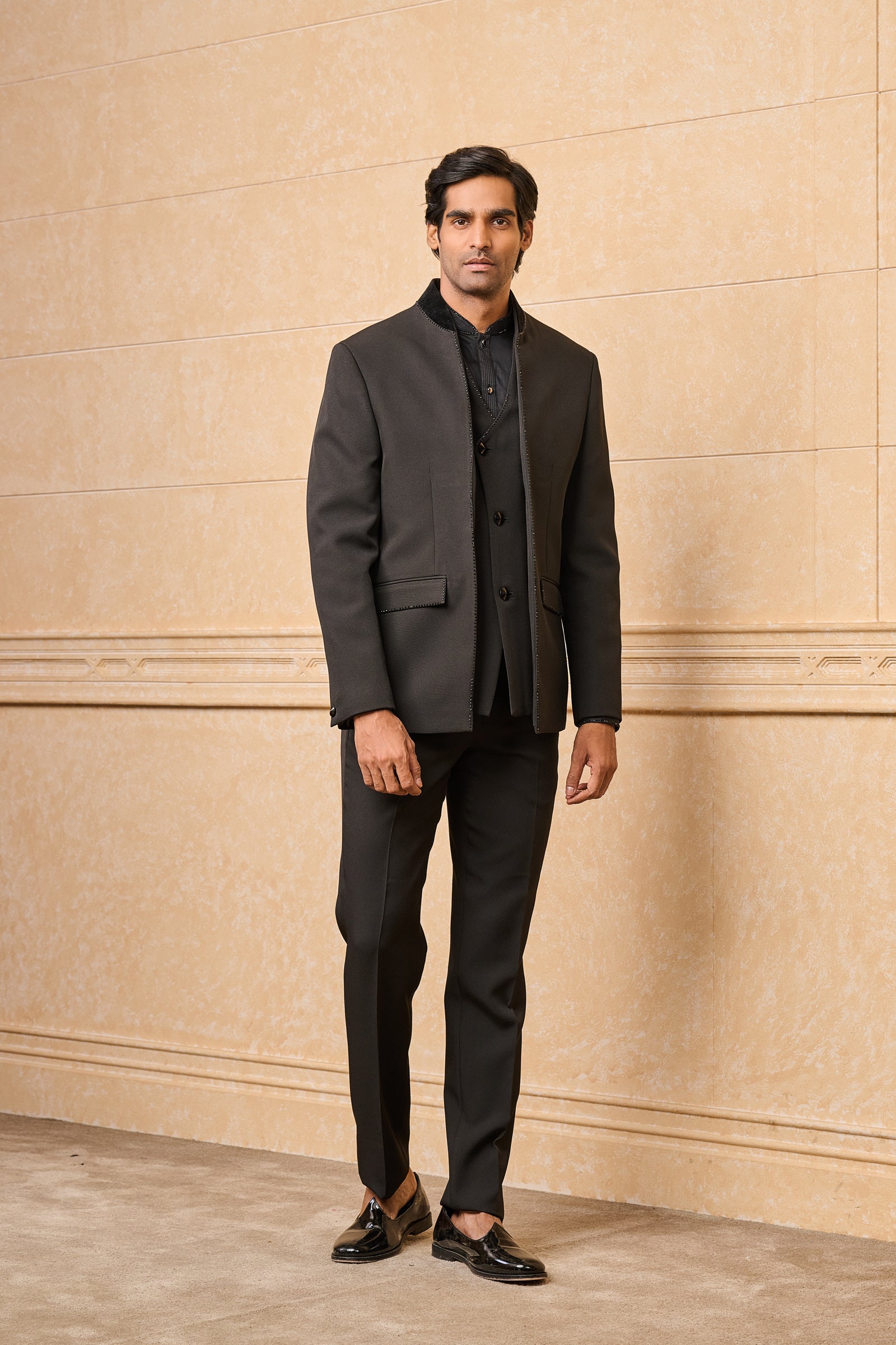 Black Layered Dinner Jacket With Hotfix Detailing