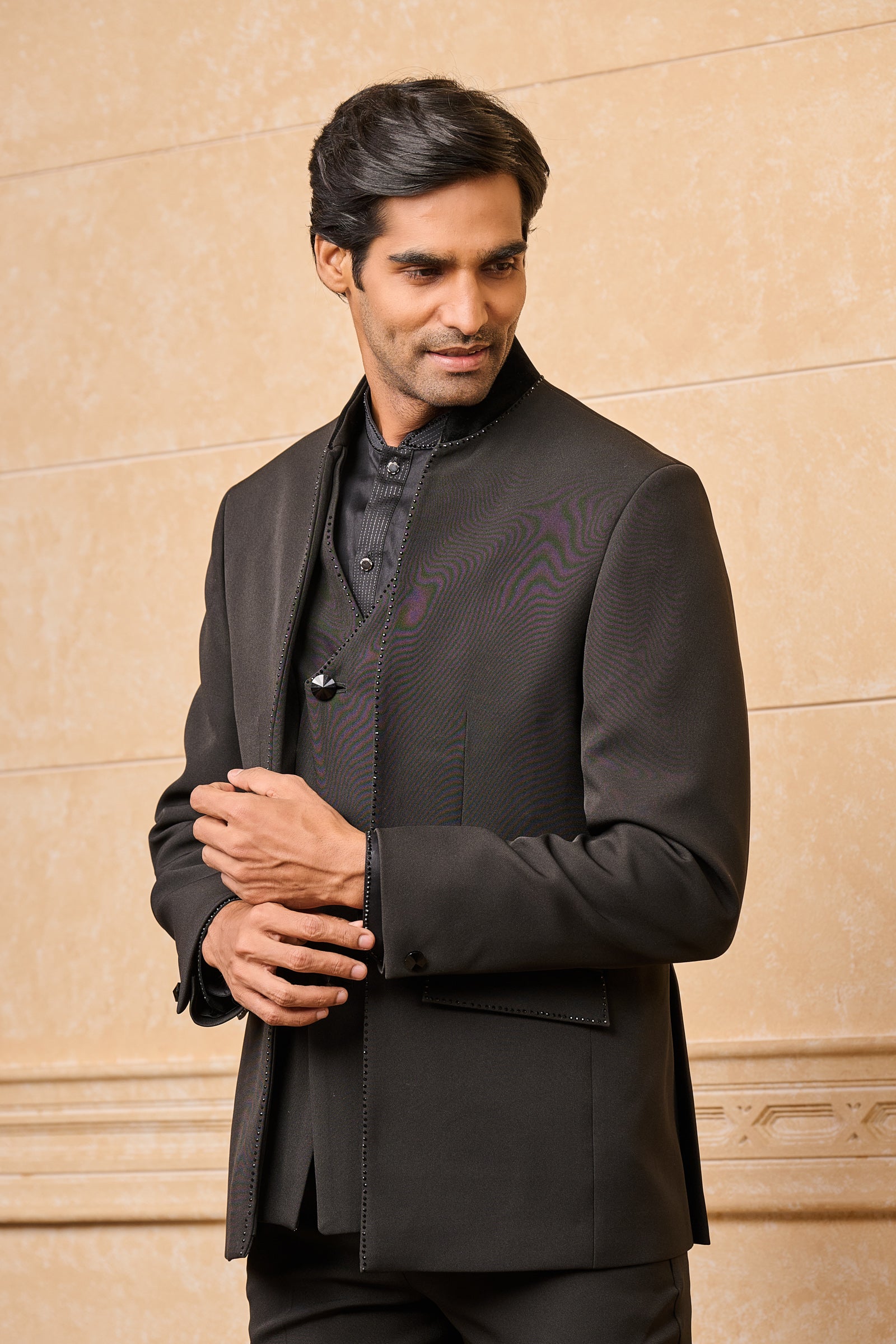 Black Layered Dinner Jacket With Hotfix Detailing