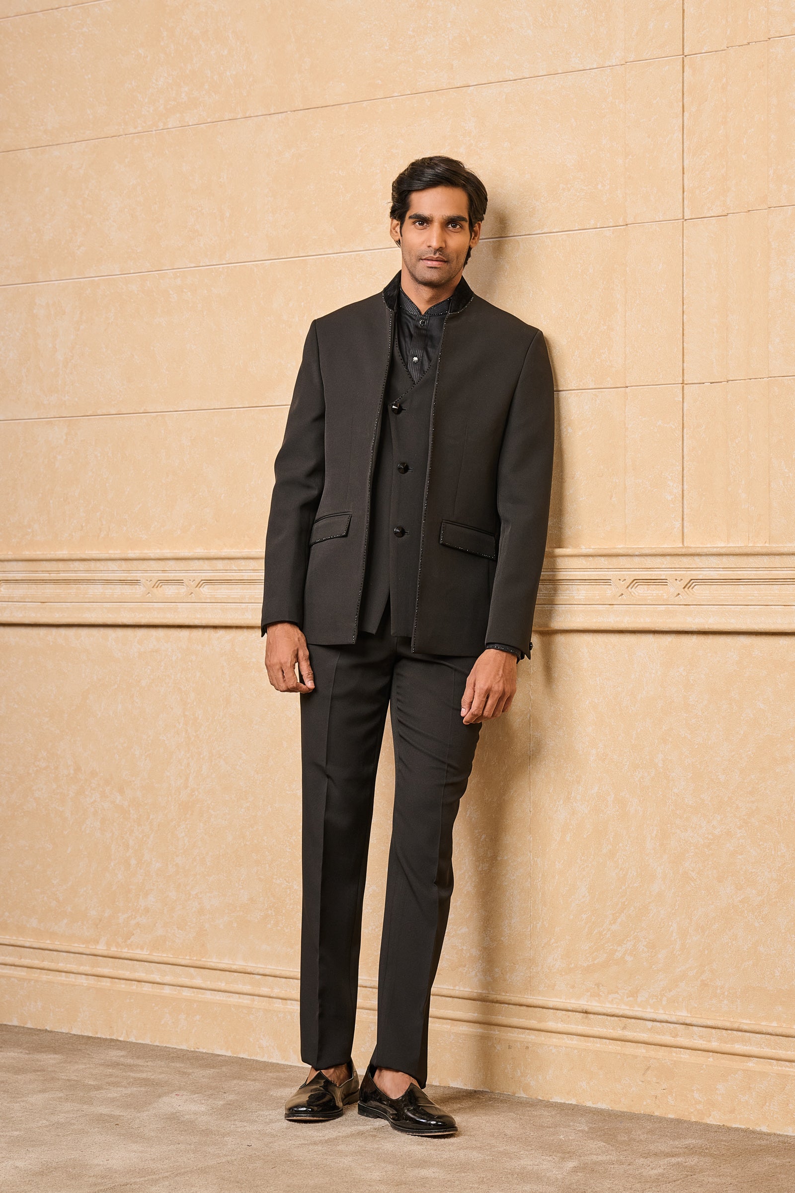 Black Layered Dinner Jacket With Hotfix Detailing