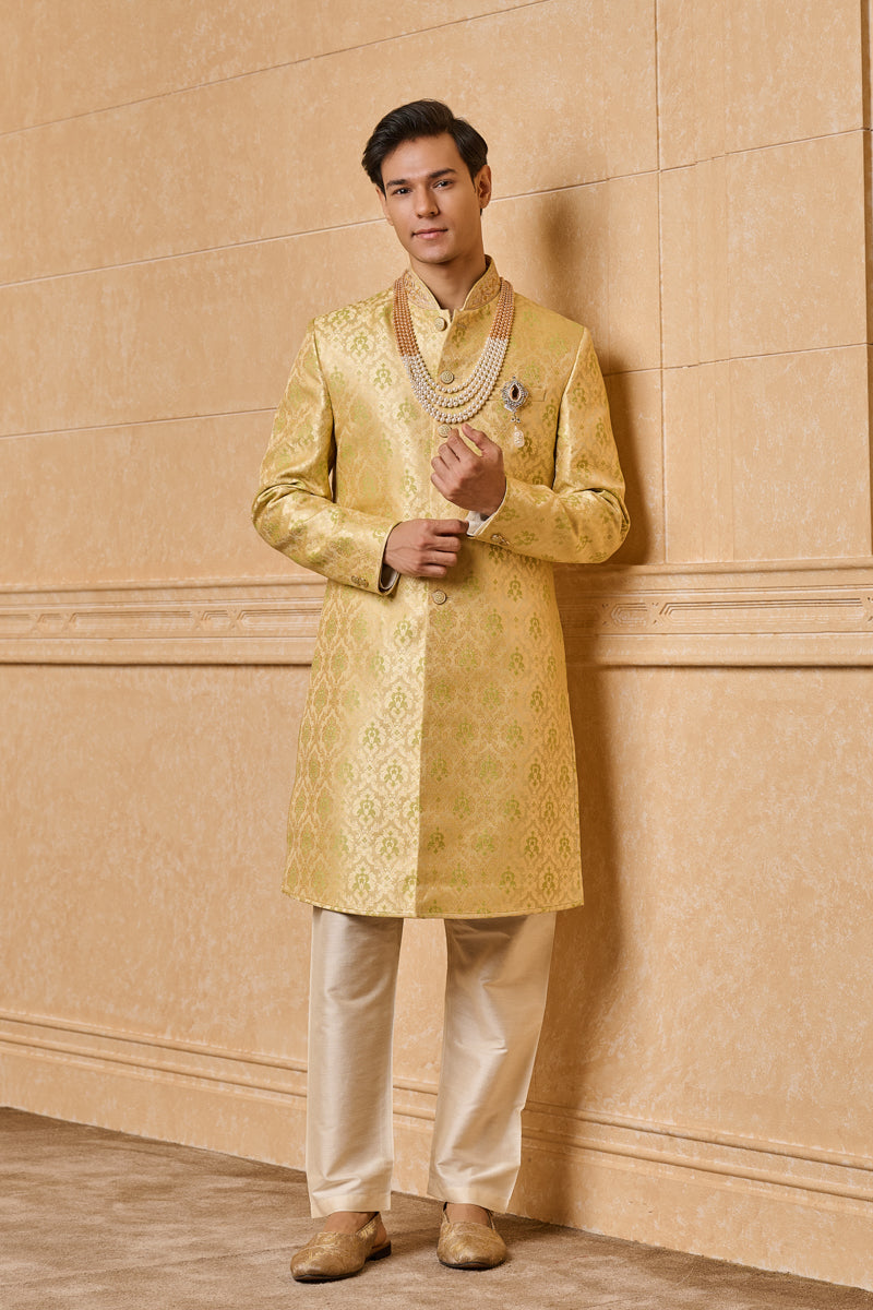 Yellow and Light Green Brocade Indo Western With Zardozi Embroidery