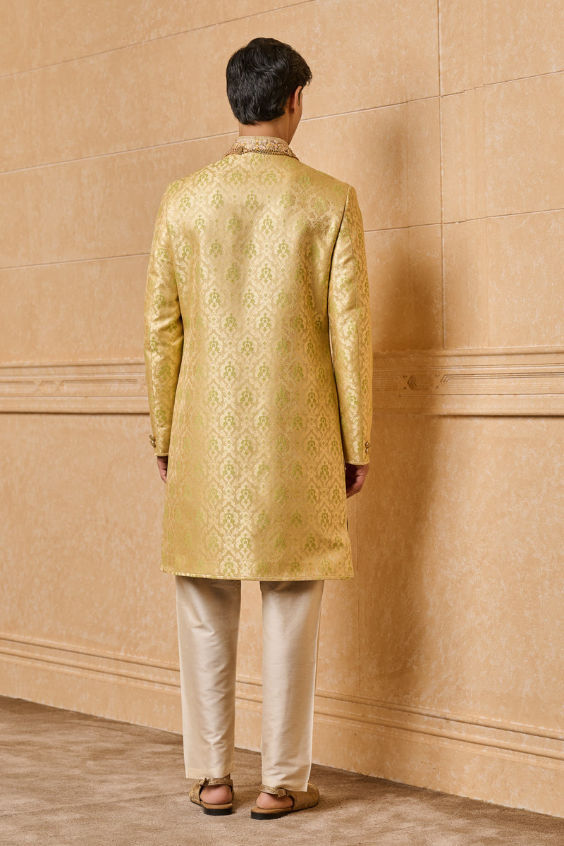 Yellow and Light Green Brocade Indo Western With Zardozi Embroidery