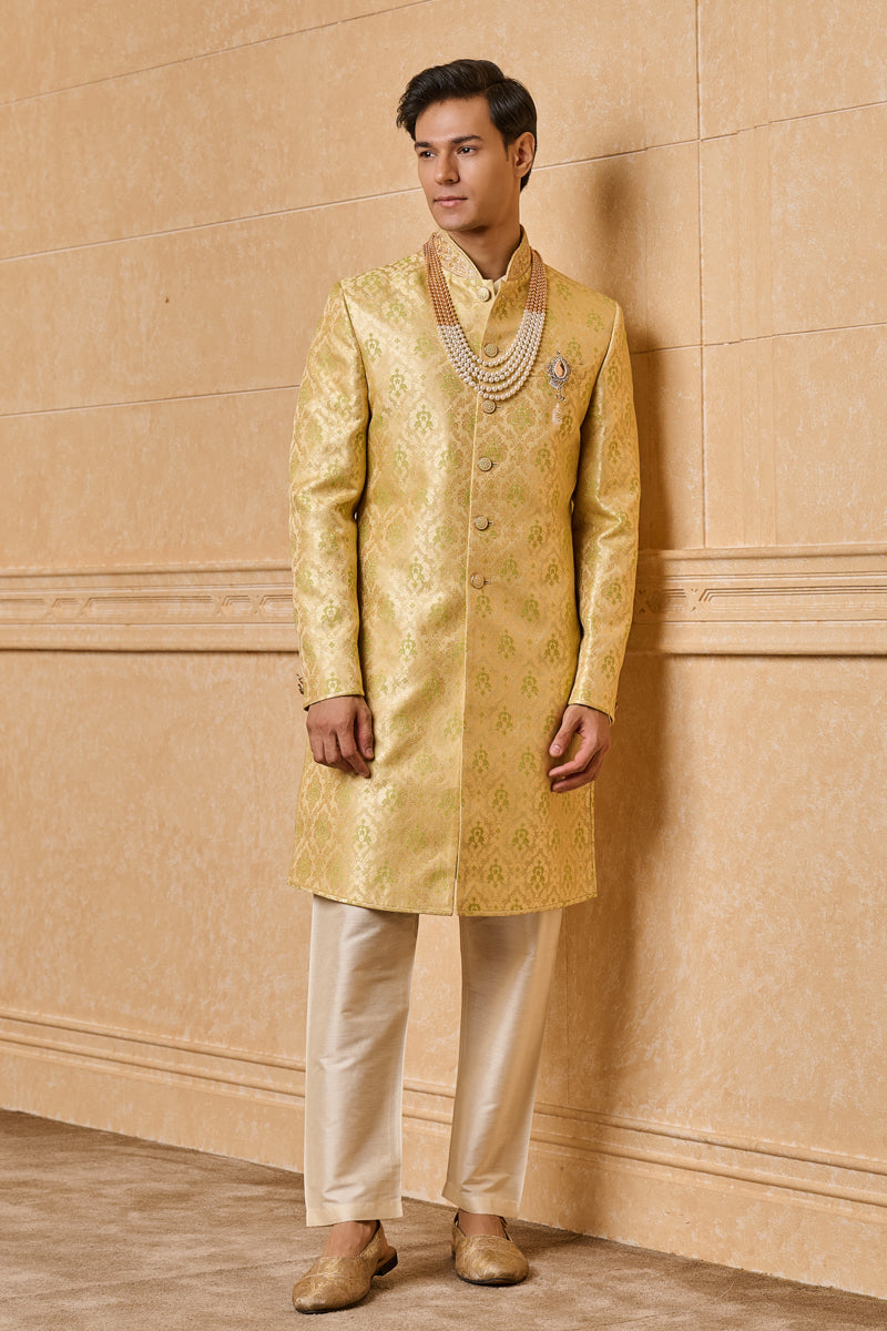 Yellow and Light Green Brocade Indo Western With Zardozi Embroidery