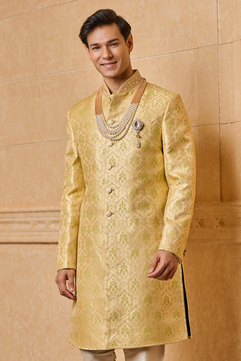 Yellow and Light Green Brocade Indo Western With Zardozi Embroidery