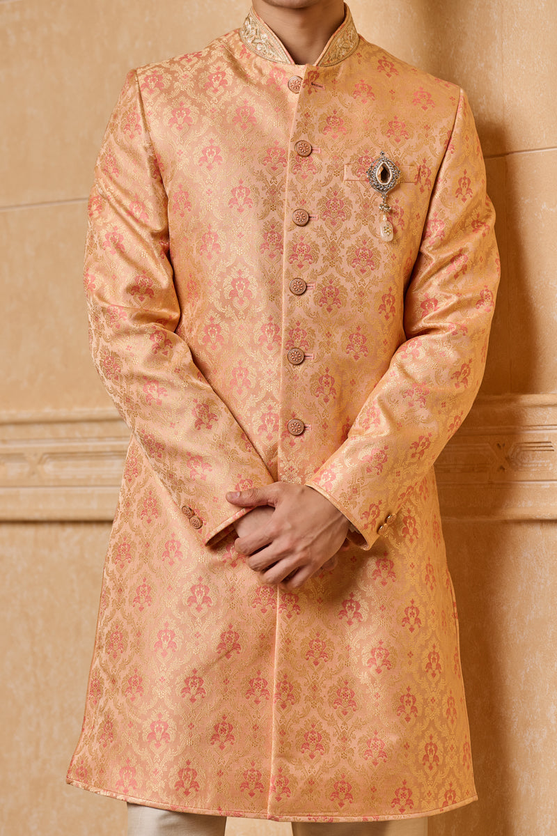 Peach Brocade Indo Western With Zardozi Embroidery