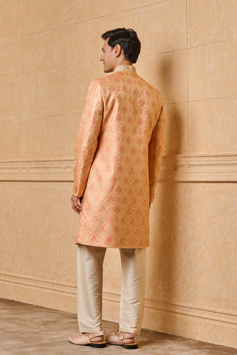 Peach Brocade Indo Western With Zardozi Embroidery