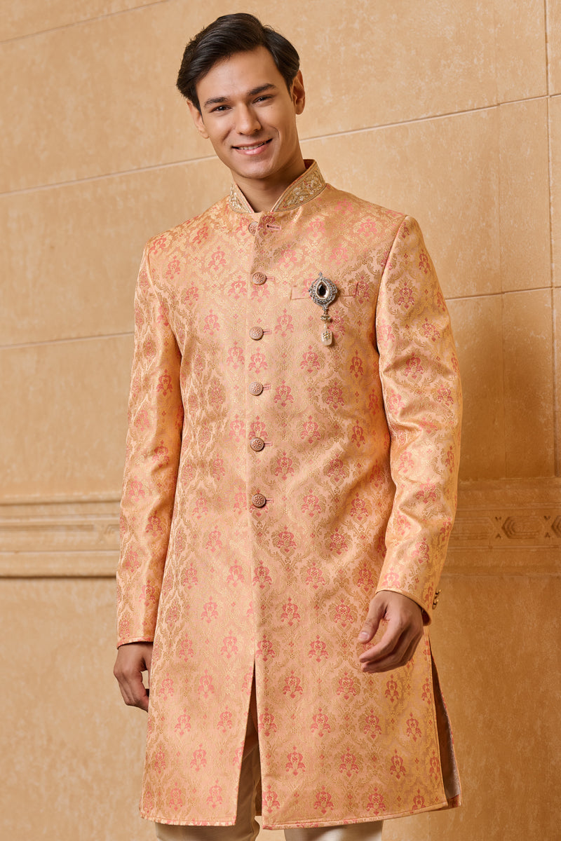 Peach Brocade Indo Western With Zardozi Embroidery