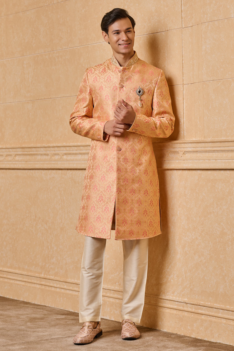 Peach Brocade Indo Western With Zardozi Embroidery