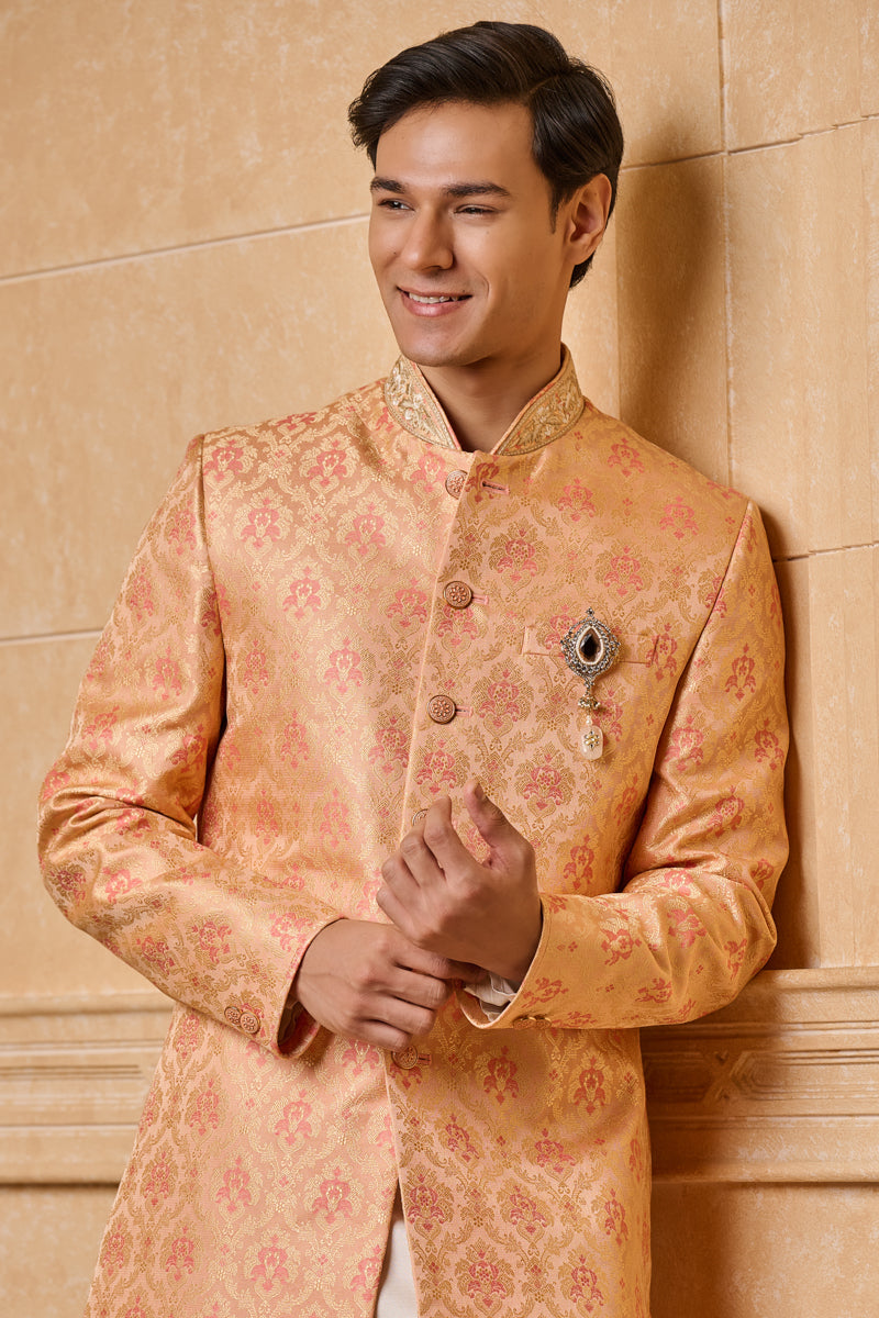 Peach Brocade Indo Western With Zardozi Embroidery