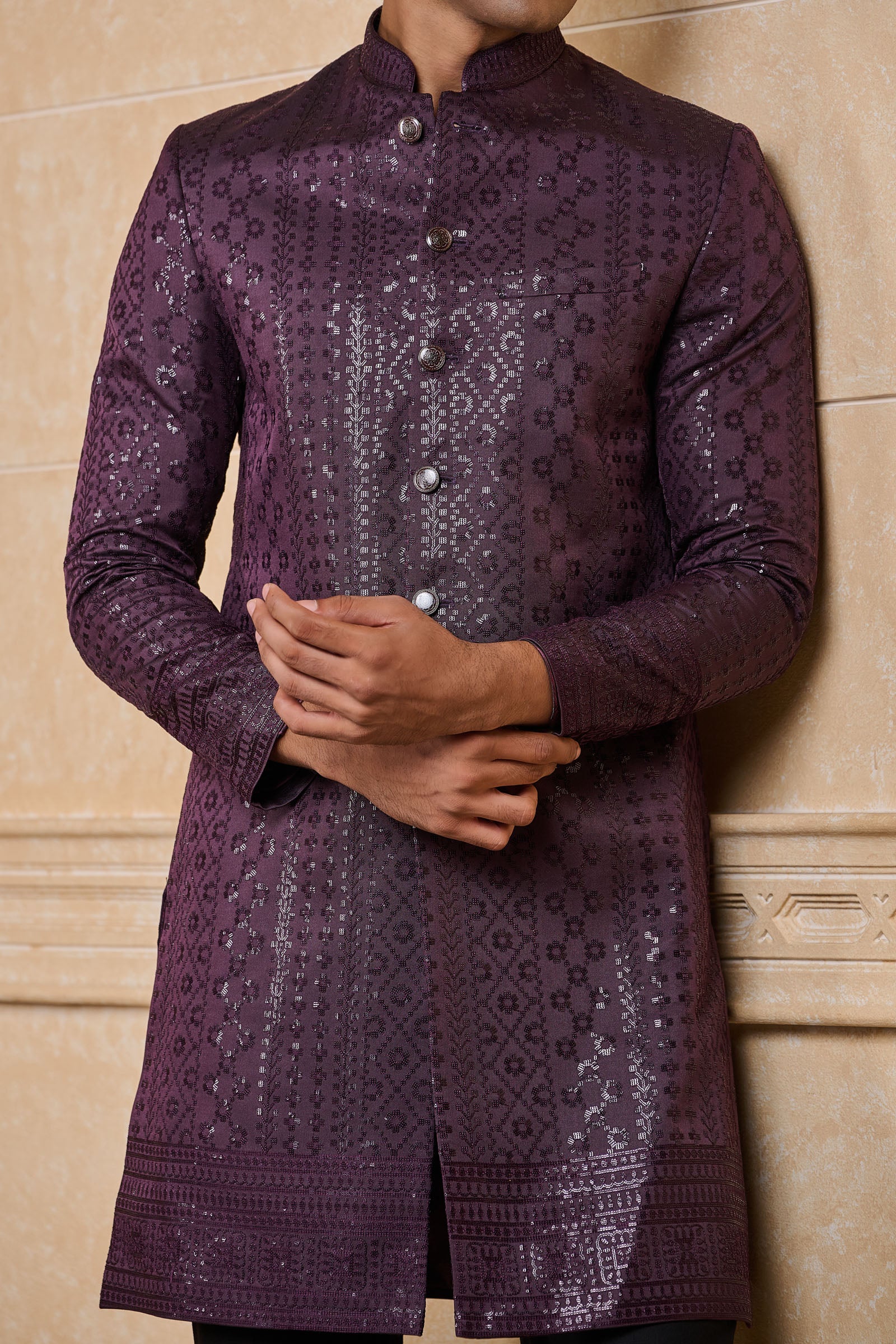 Wine All Over Embroidered Indo Western