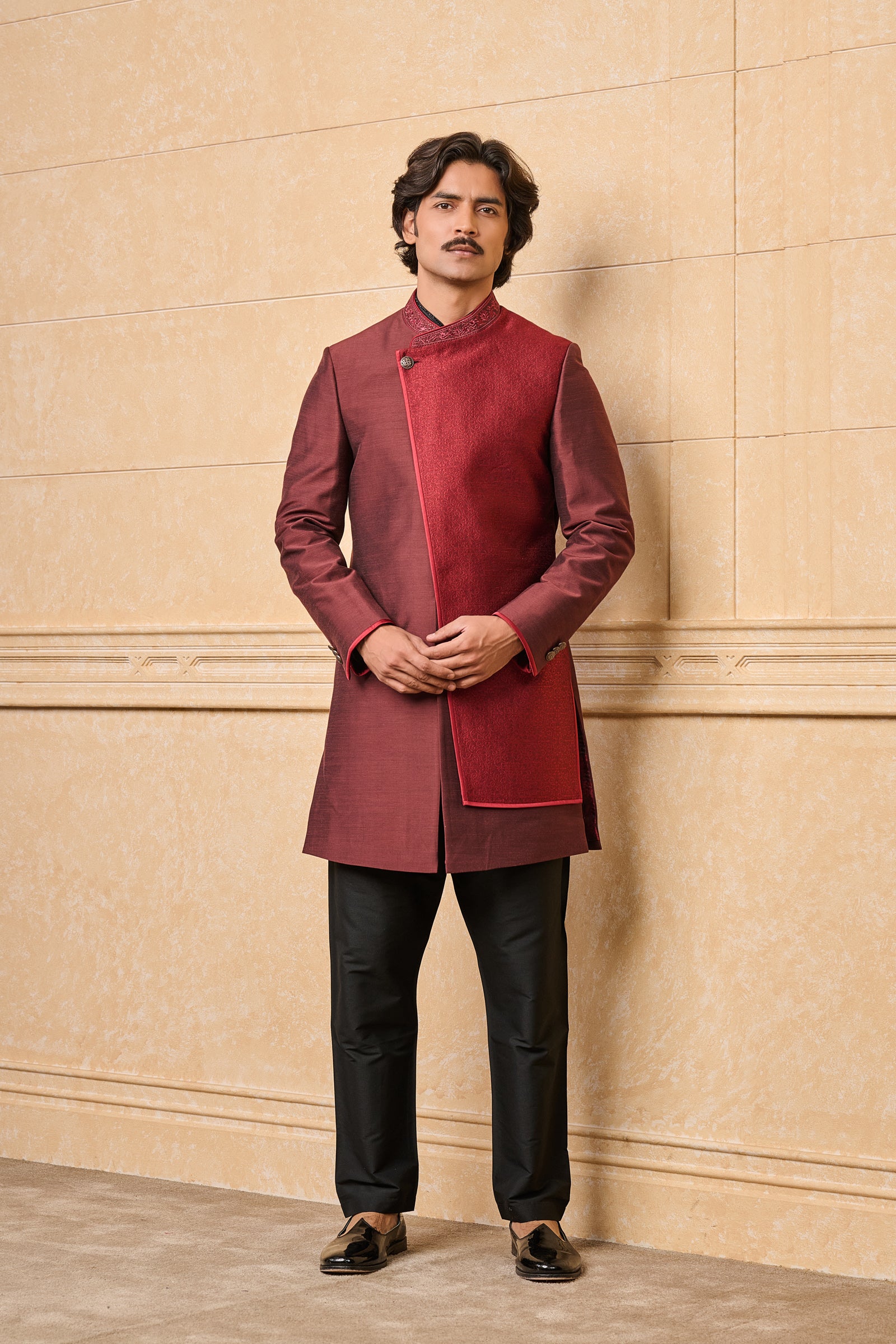 Maroon Indo Western With Jacquard Panel