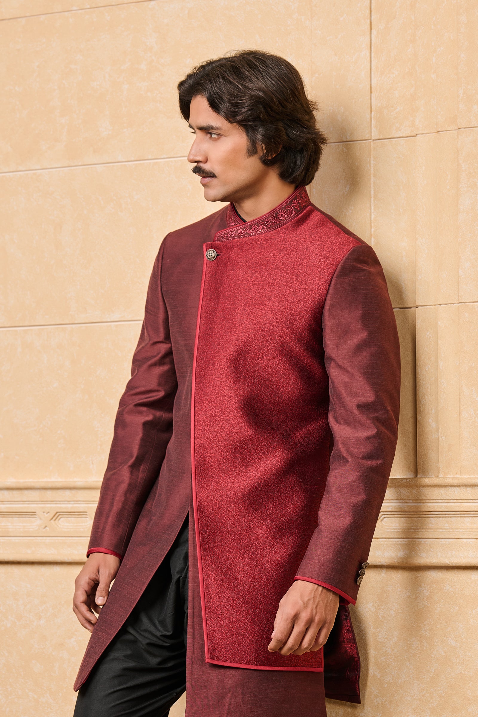 Maroon Indo Western With Jacquard Panel