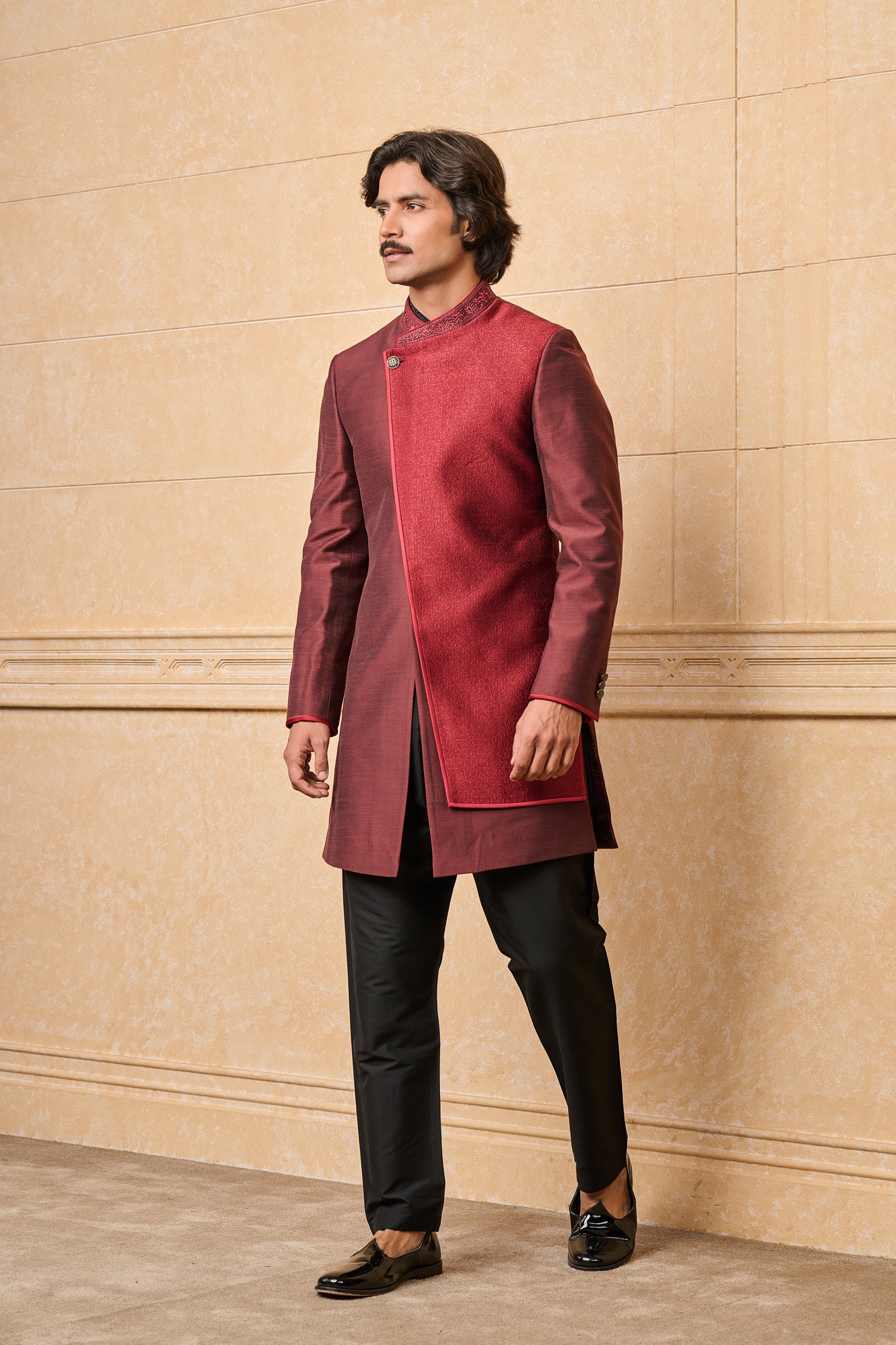 Maroon Indo Western With Jacquard Panel