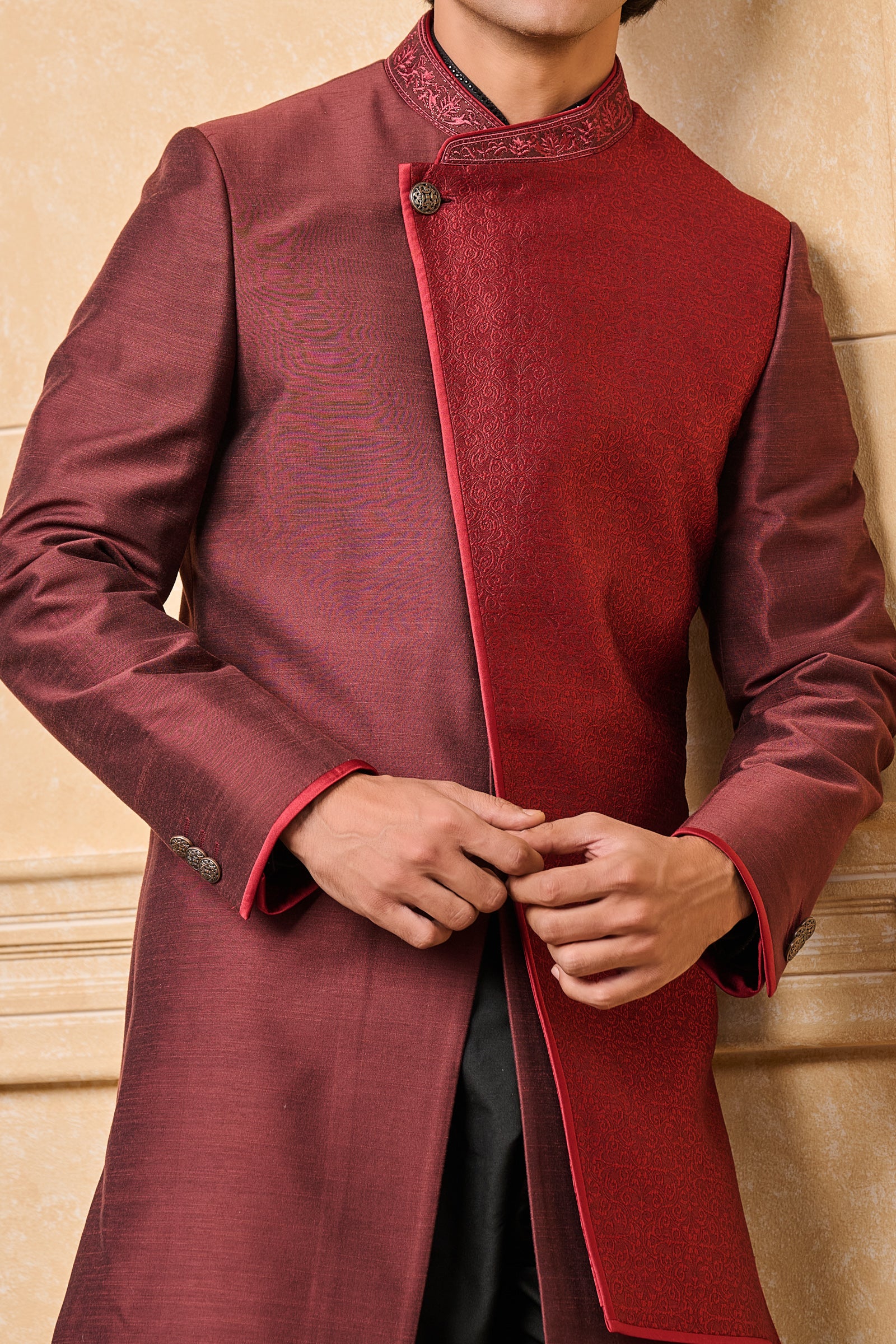 Maroon Indo Western With Jacquard Panel