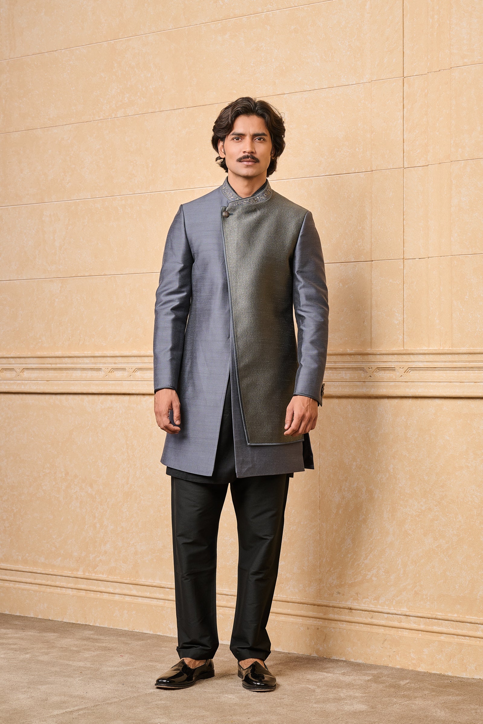 Grey Indo Western With Jacquard Panel