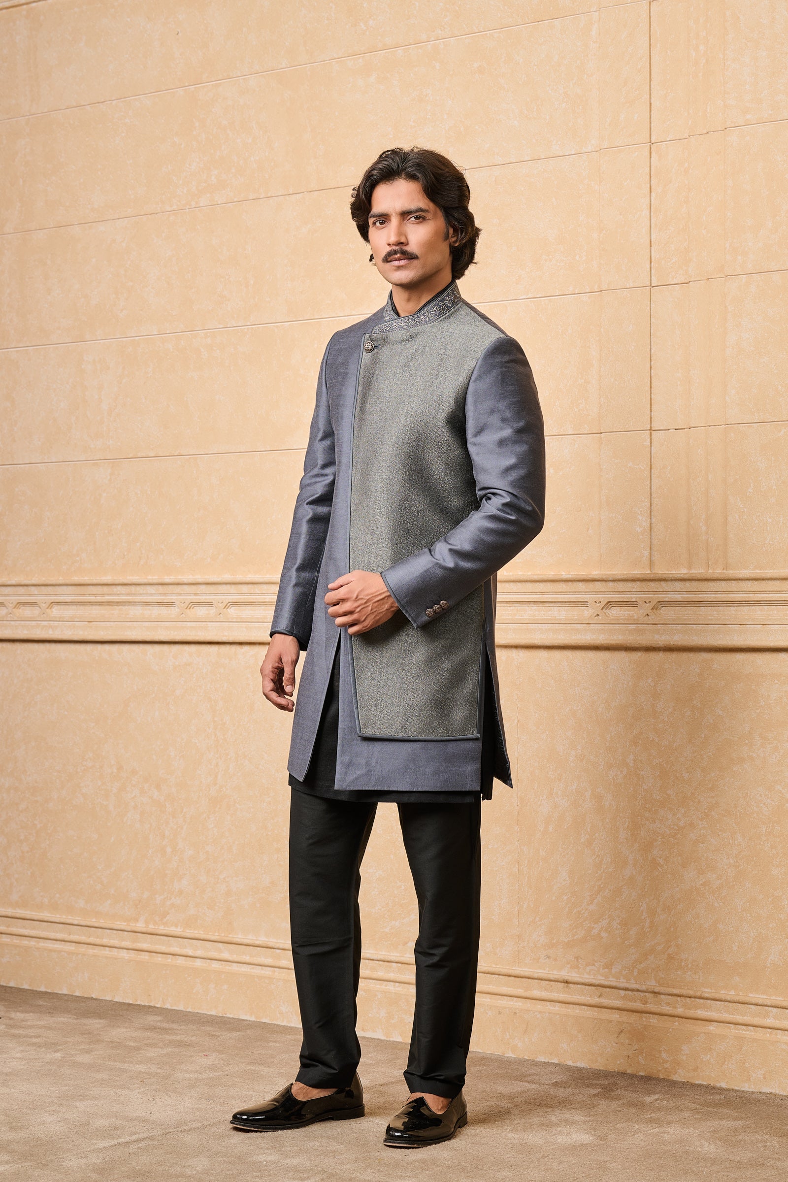 Grey Indo Western With Jacquard Panel