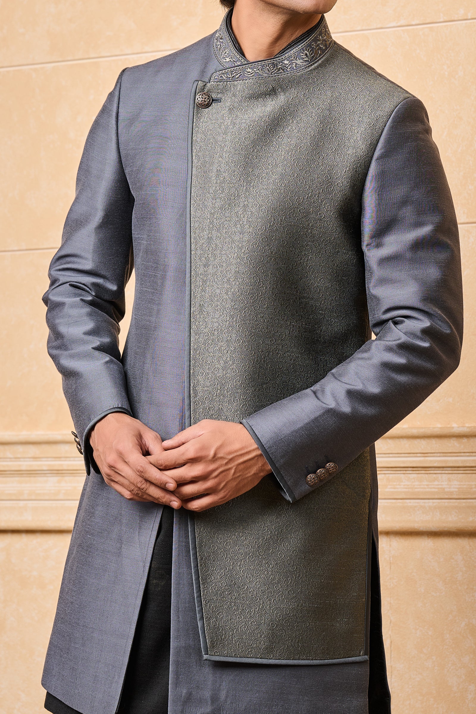 Grey Indo Western With Jacquard Panel