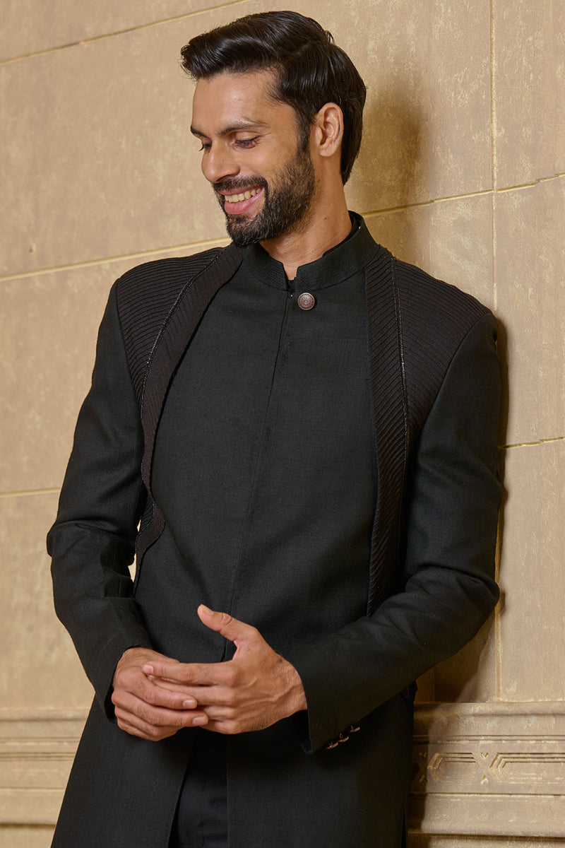 Black Stylised Pintucked Panelled Indo Western