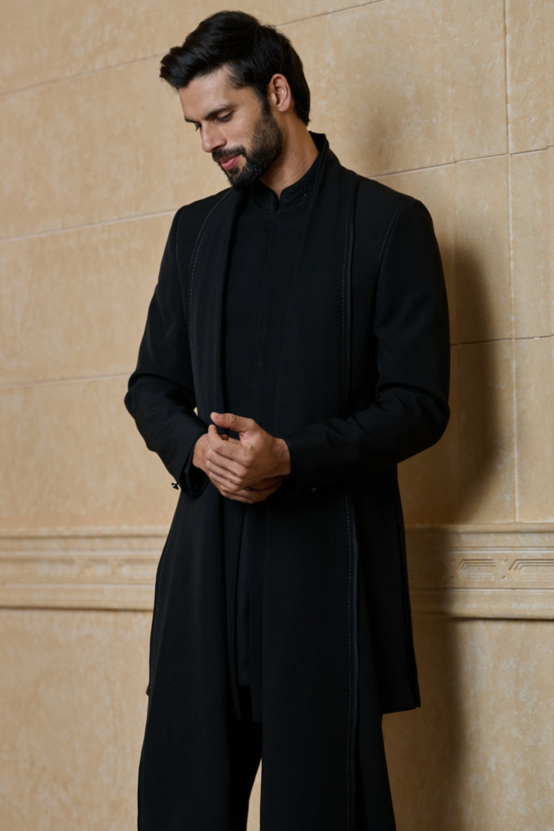 Black Drape Indo Western With Collar Detailing