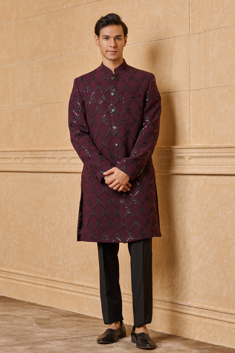 Wine All Over Embroidered Indo Western