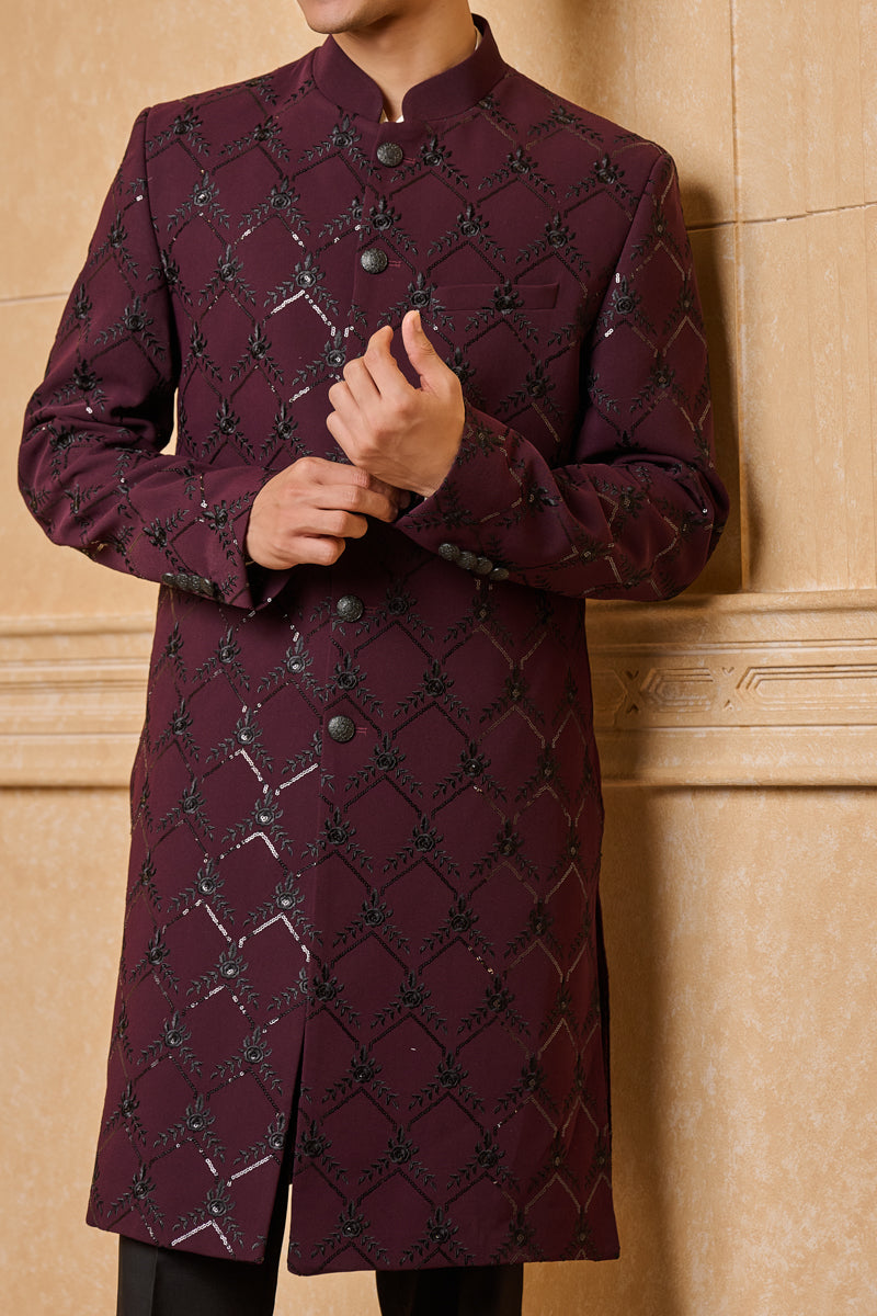 Wine All Over Embroidered Indo Western