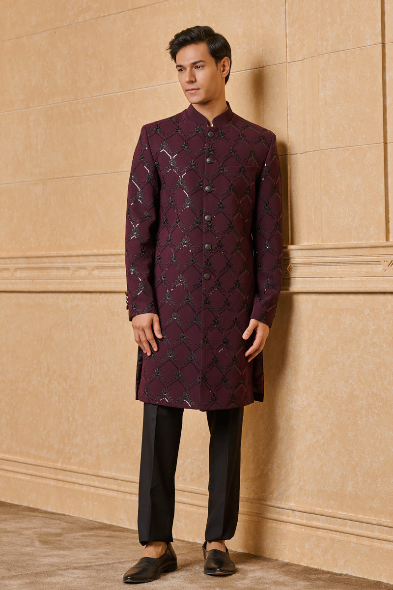 Wine All Over Embroidered Indo Western