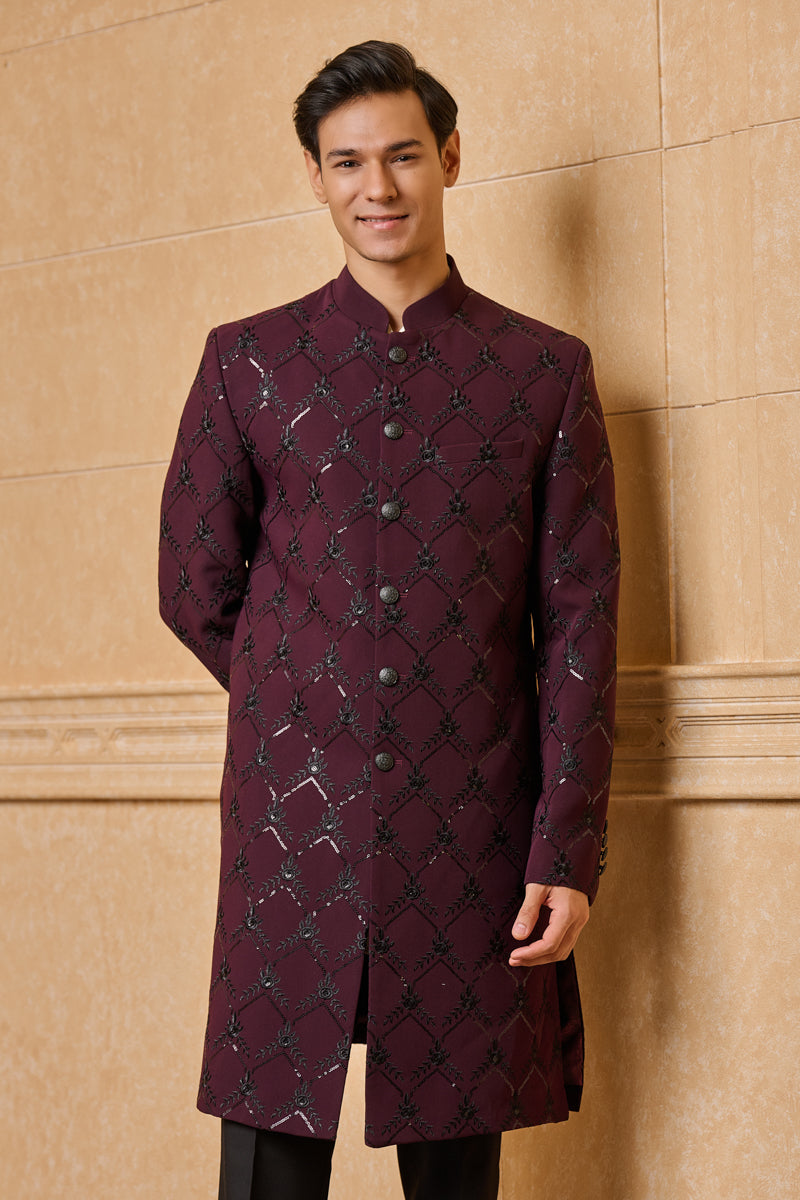 Wine All Over Embroidered Indo Western