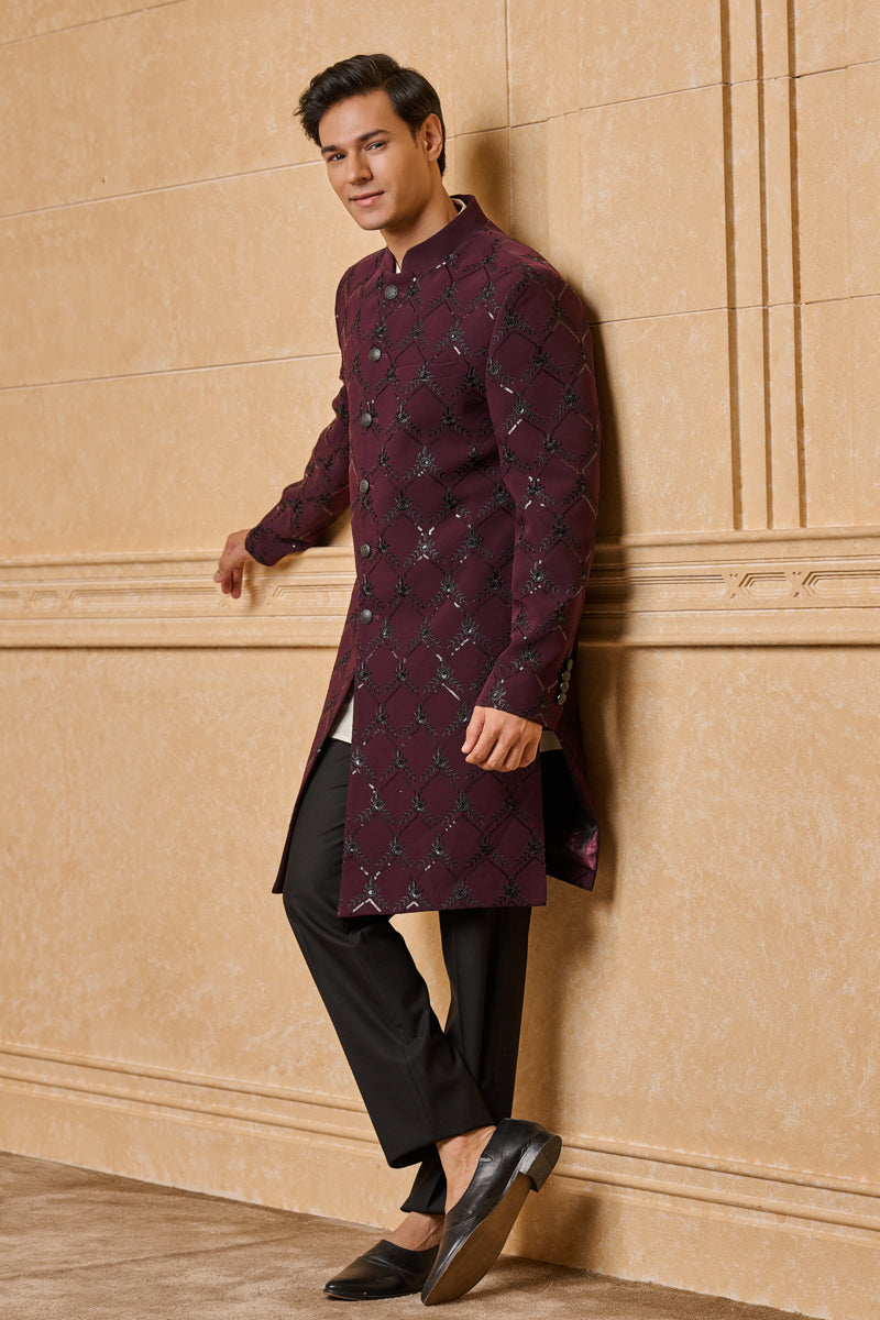 Wine All Over Embroidered Indo Western