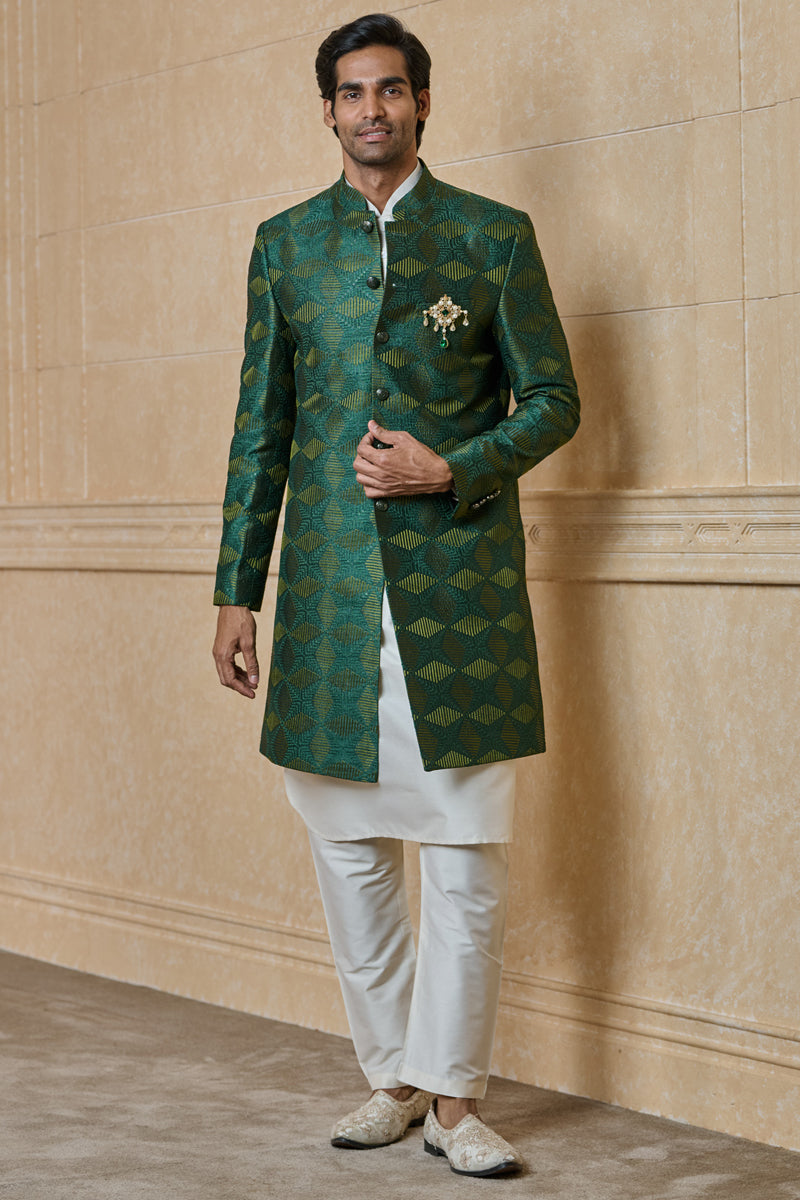 Dark Green All Over Embroidered Indo Western