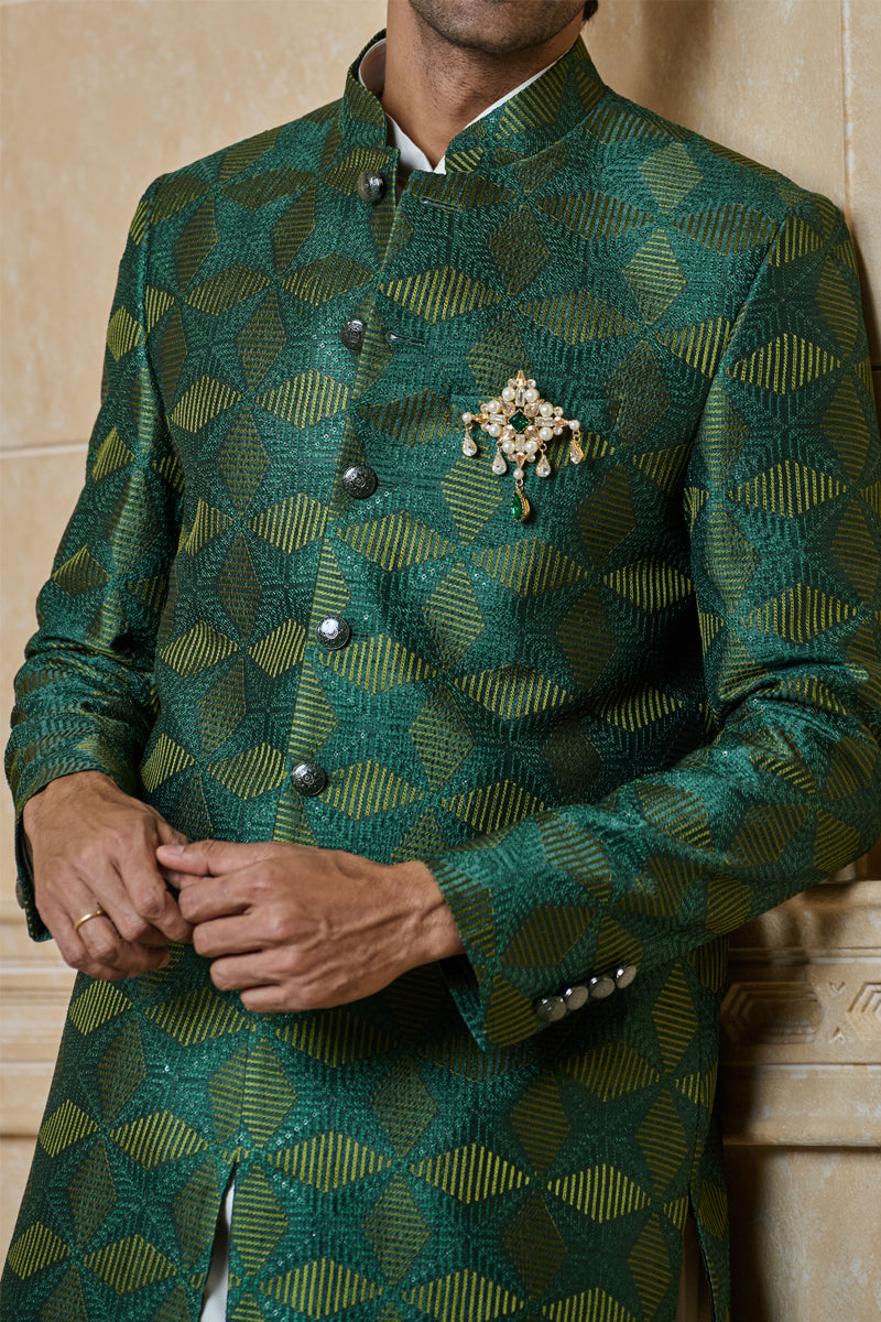 Dark Green All Over Embroidered Indo Western