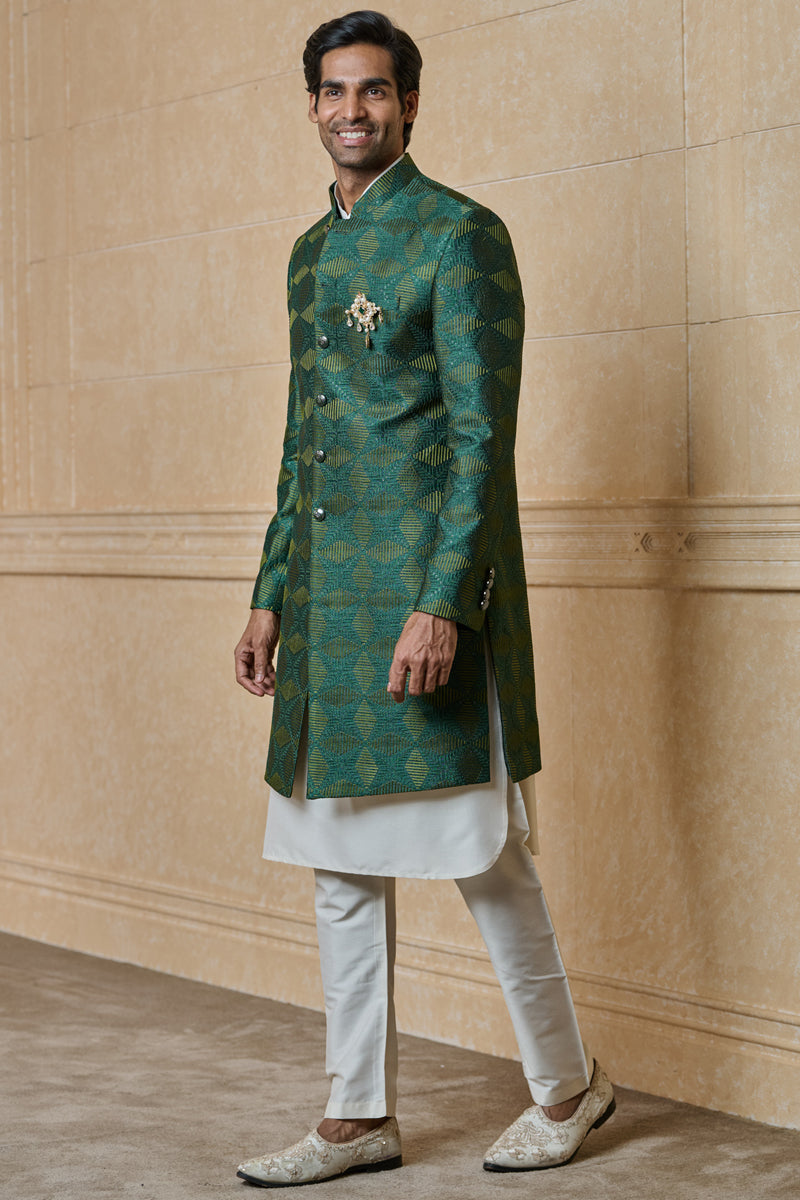 Dark Green All Over Embroidered Indo Western