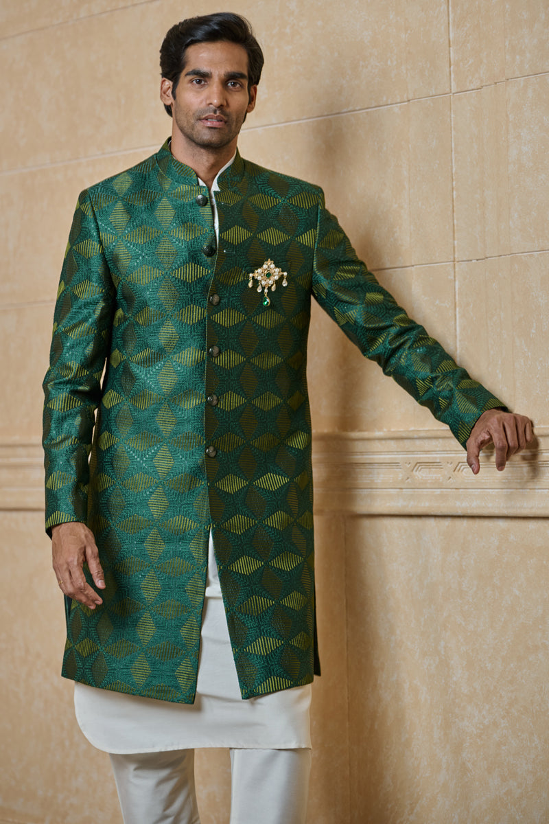 Dark Green All Over Embroidered Indo Western