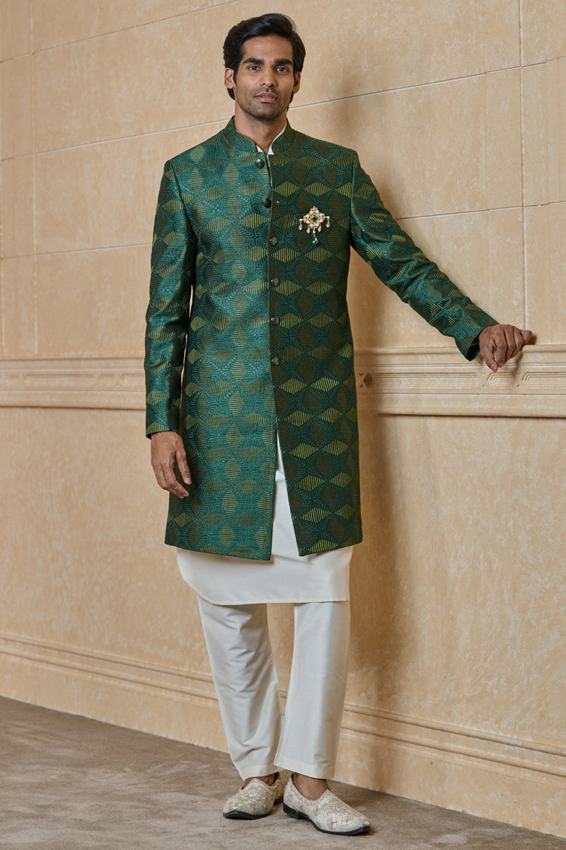 Dark Green All Over Embroidered Indo Western