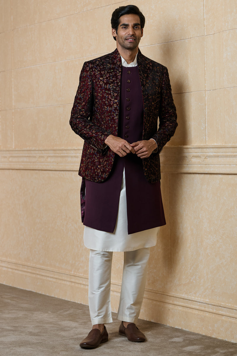 Wine All Over Embroidered Indo Western