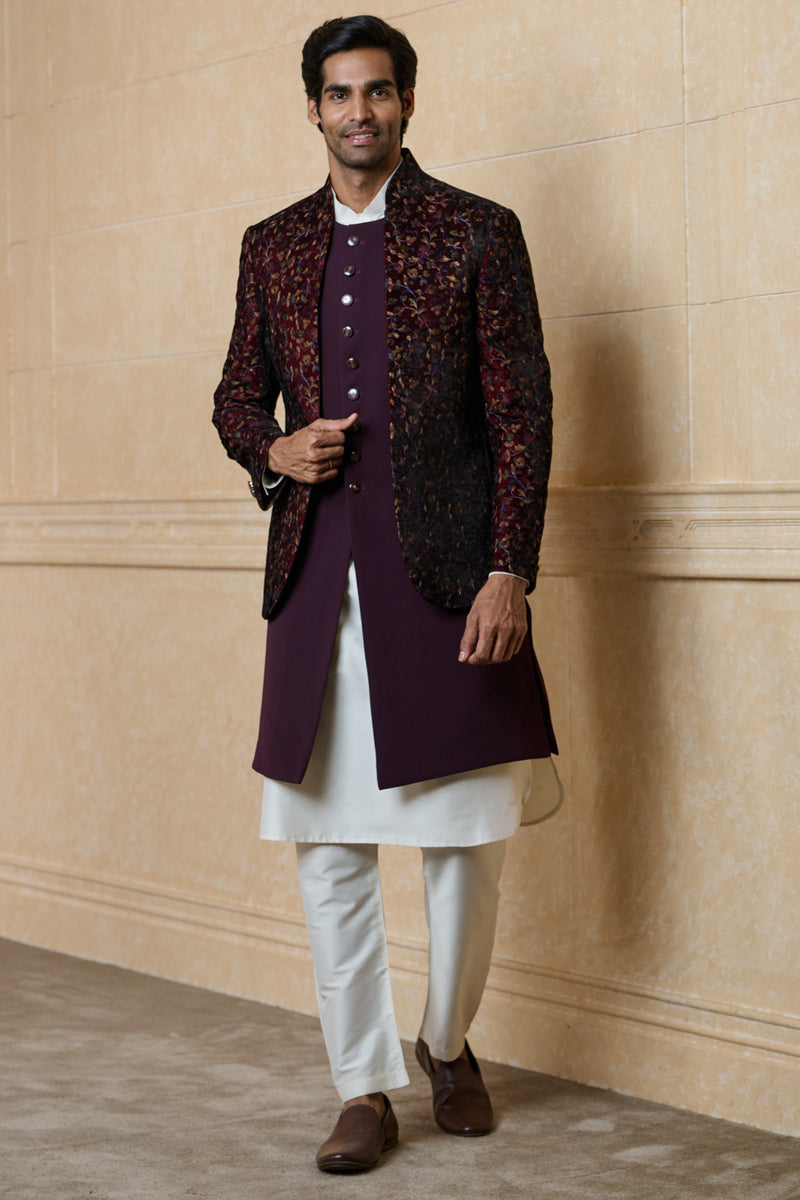 Wine All Over Embroidered Indo Western