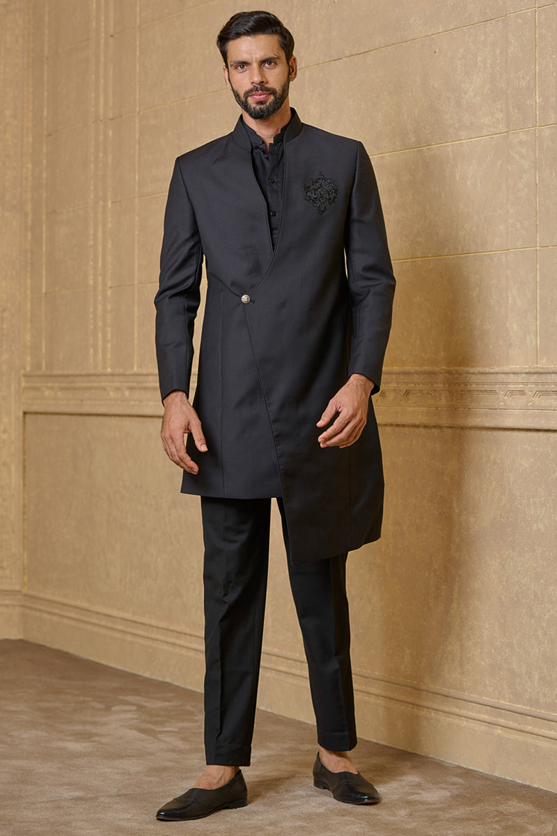 Black Asymmetric Indo Western With Embroidered Crest