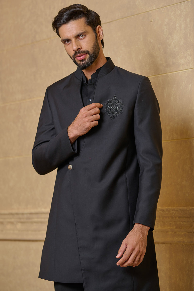 Black Asymmetric Indo Western With Embroidered Crest